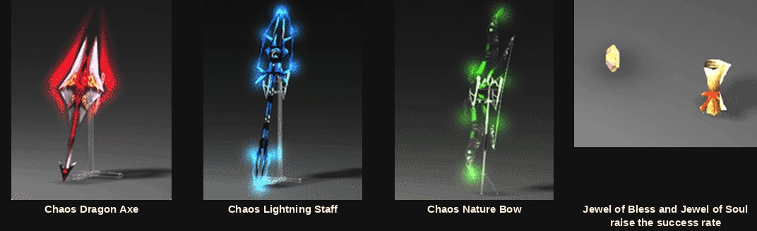 The Chaos Dragon Axe, Chaos Lightning Staff and Chaos Nature Bow in Mu Online