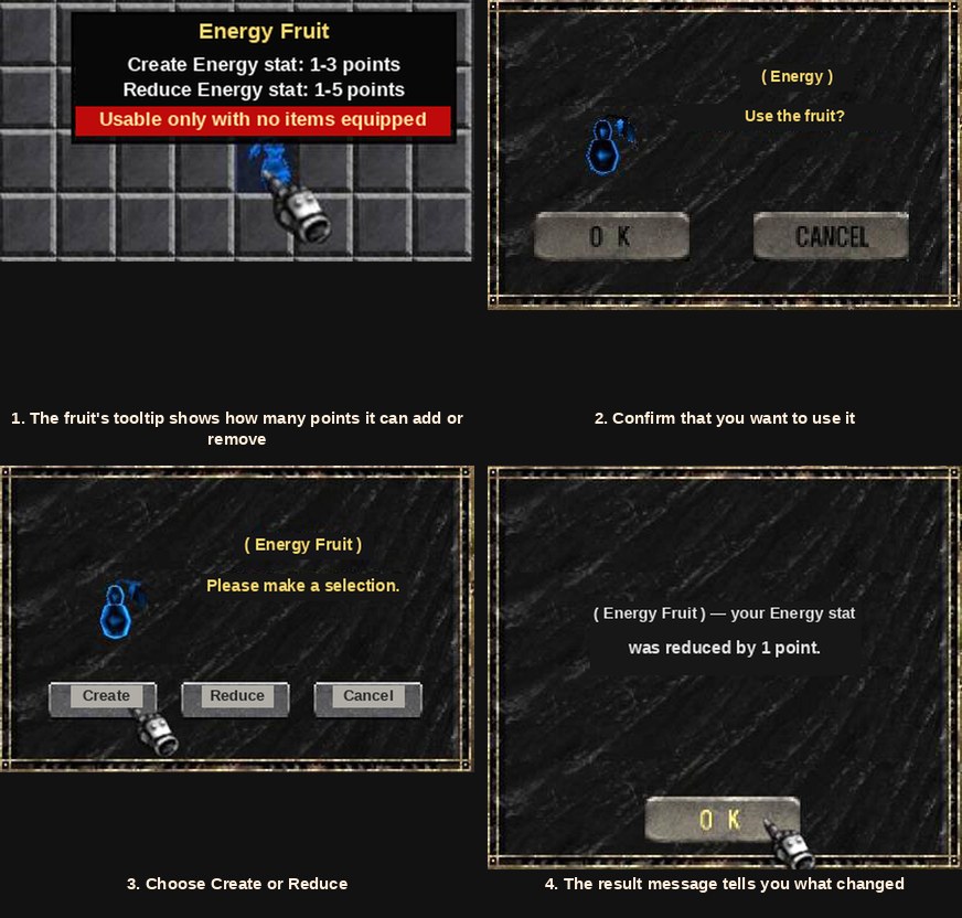 Using the Minus Stat Fruit in Mu Online to create or reduce a character stat