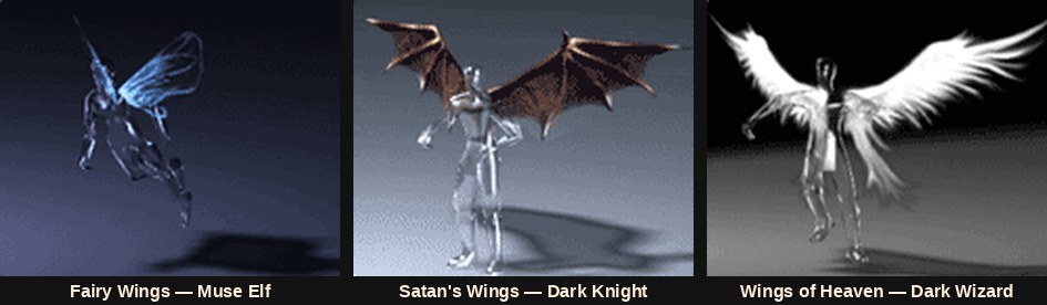 The three original Mu Online wings: Fairy Wings, Satan's Wings and Wings of Heaven