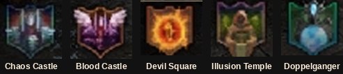 Entry notification icons for Chaos Castle, Blood Castle, Devil Square, Illusion Temple and Doppelganger