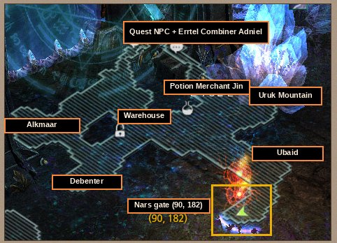 Acheron safe zone map with the Nars entrance gate at 90, 182