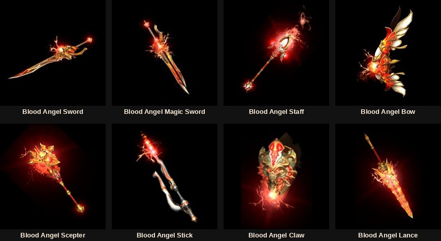 The eight Blood Angel weapons: sword, magic sword, staff, bow, scepter, stick, claw and lance