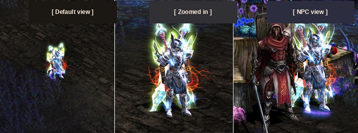 Comparison of the default camera, the zoomed-in camera and the NPC view
