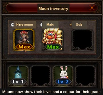 The muun inventory showing level and grade colours