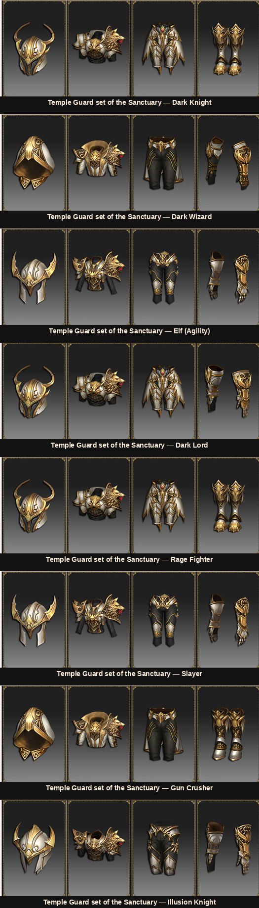Temple Guard of the Sanctuary armour sets for eight Mu Online classes