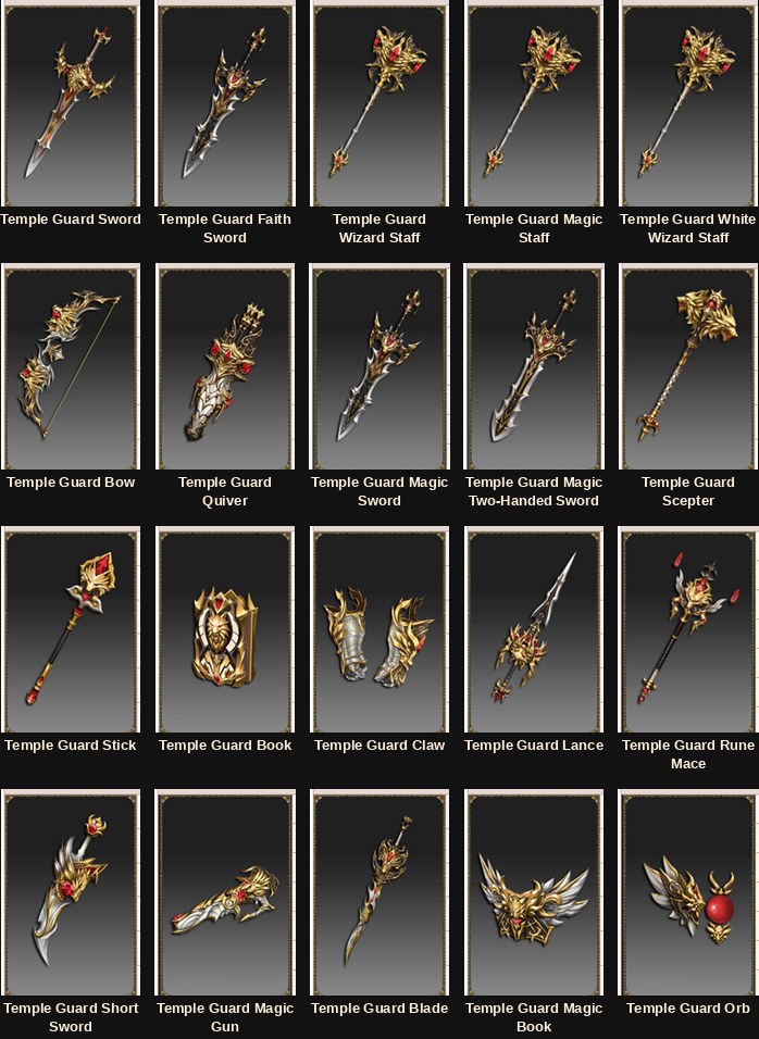 The twenty Temple Guard Legendary weapons in Mu Online Season 20