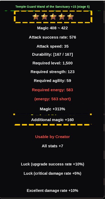A Legendary item tooltip in Mu Online Season 21 showing the upgrade stage