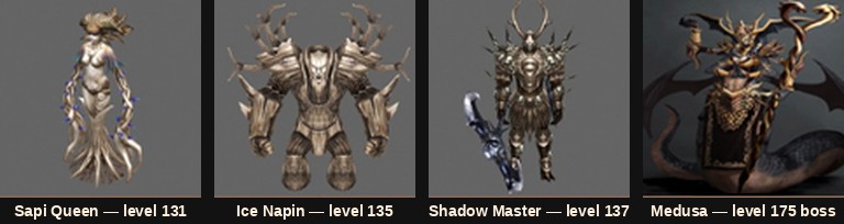 Sapi Queen, Ice Napin, Shadow Master and the Medusa boss in Mu Online Season 5