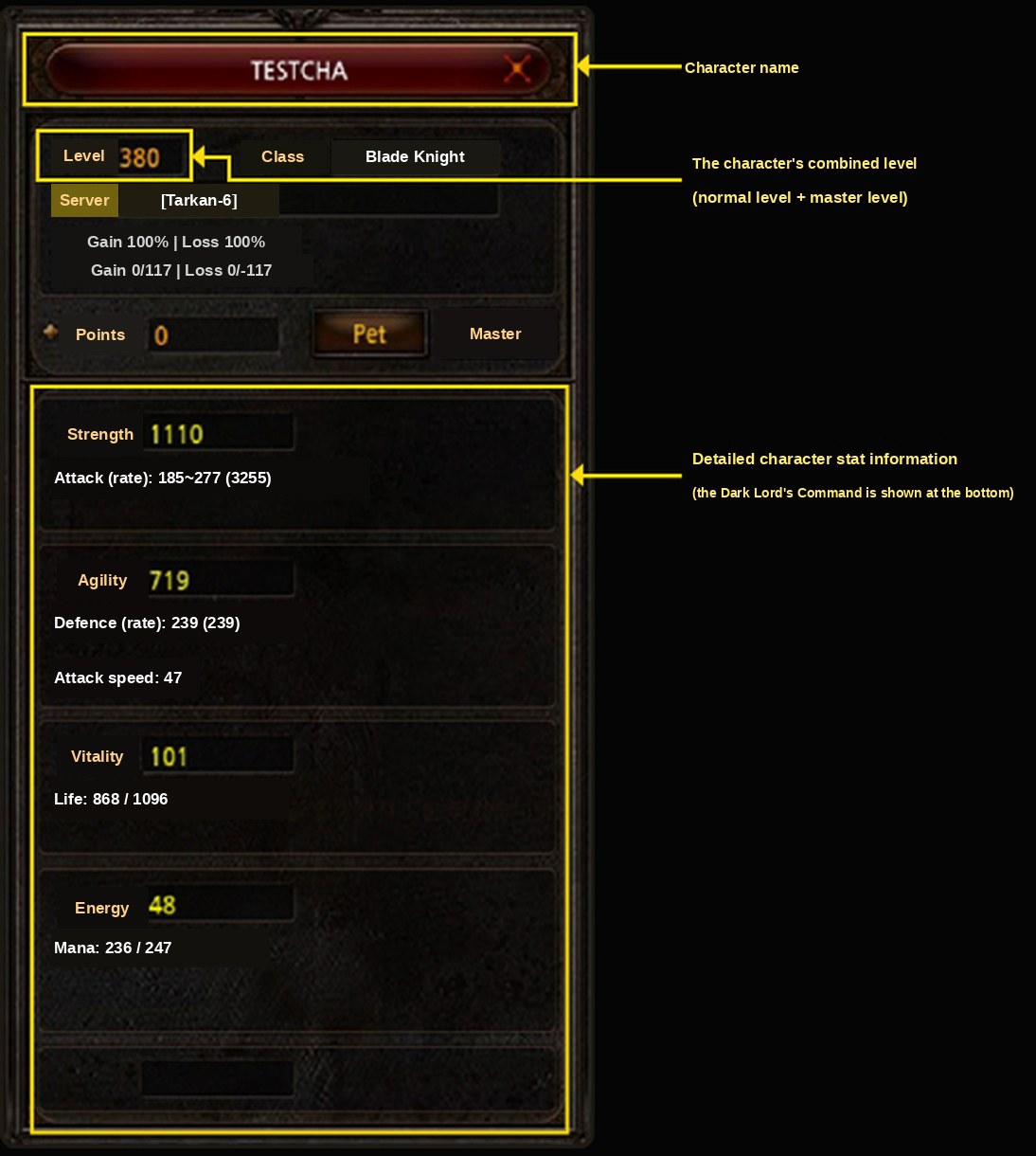 The redesigned character information window in Mu Online Season 7