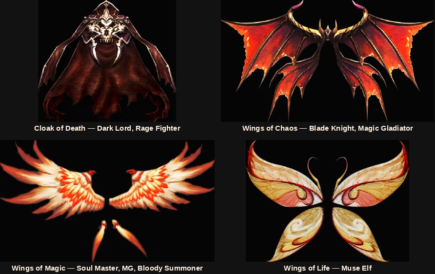 The four monster wings added in Mu Online Season 7 eX701