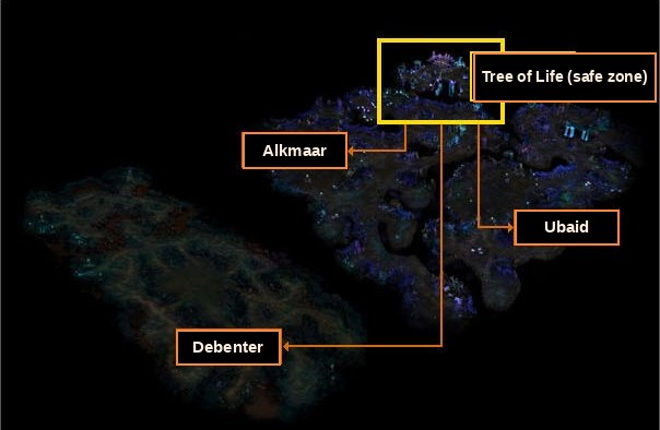 Acheron map with Tree of Life safe zone, Alkmaar, Ubaid and Debenter
