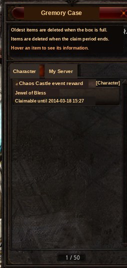 The Gremory Case window with its Character and My Server tabs and a stored reward