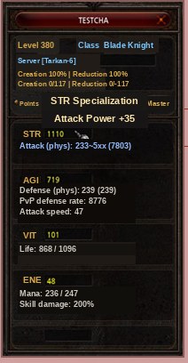 Character information window showing the STR specialization tooltip granting +35 attack power