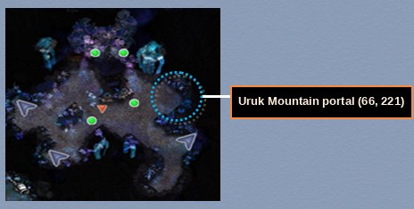 Acheron map with the Uruk Mountain entrance portal at 66, 221 marked